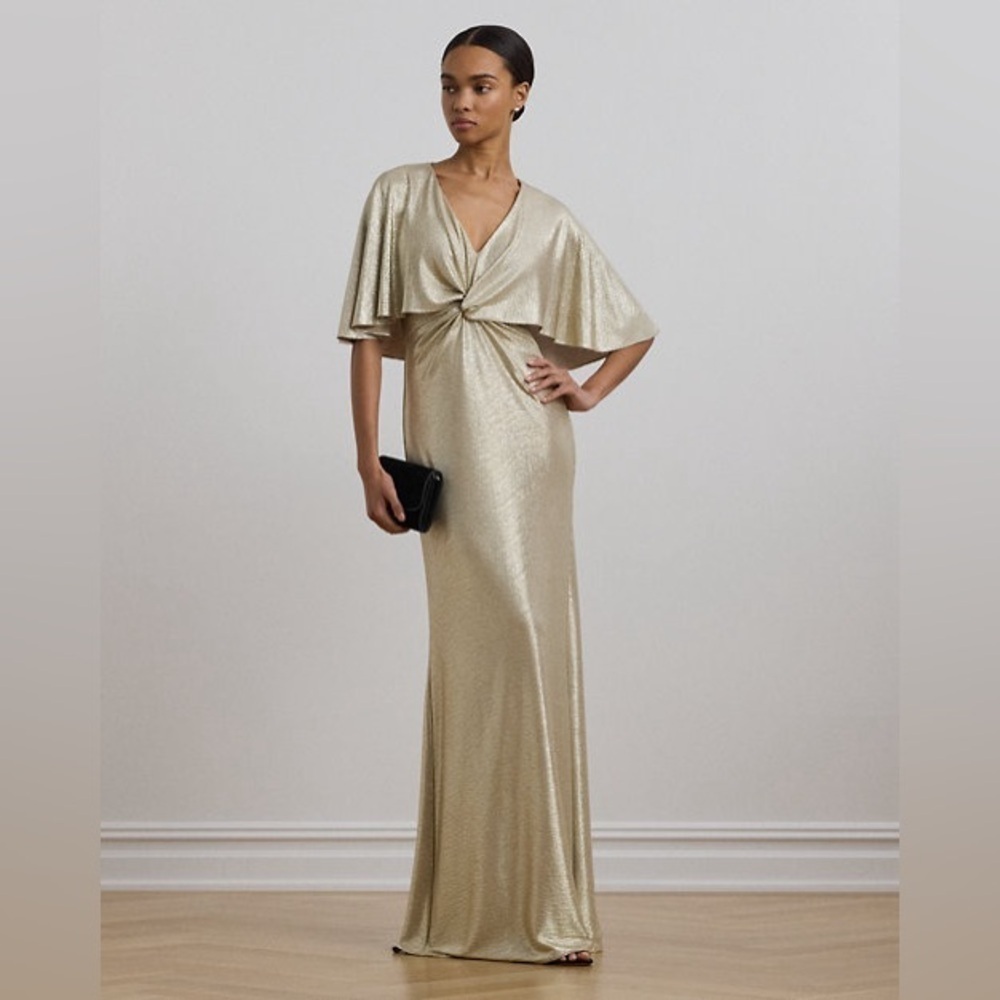 LAUREN RALPH LAUREN Foil-Print Jersey Cape Gown Wedding Bridesmaid Evening